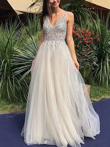 V-col Robes à Brillante Paillettes en Tulle Long de Mariée Dos Nu